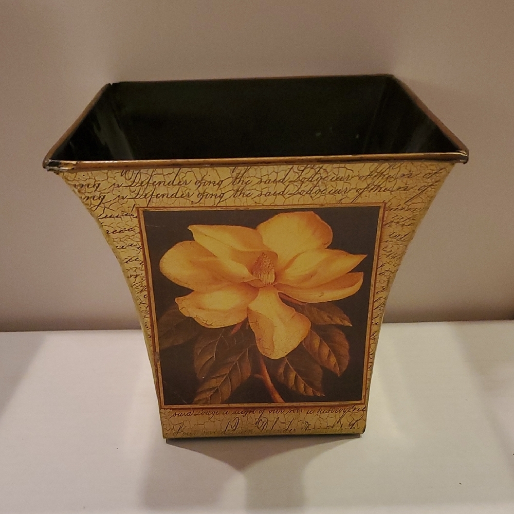 Yellow Roses Script Candle Holder Flower Pot Container Floral - Picture 2 of 6